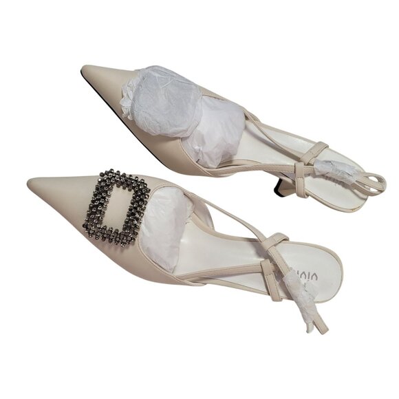 Vivianly Women's Beige Pointed Toe Slingback Stiletto Heels With Rhinestone 10 - Picture 4 of 14